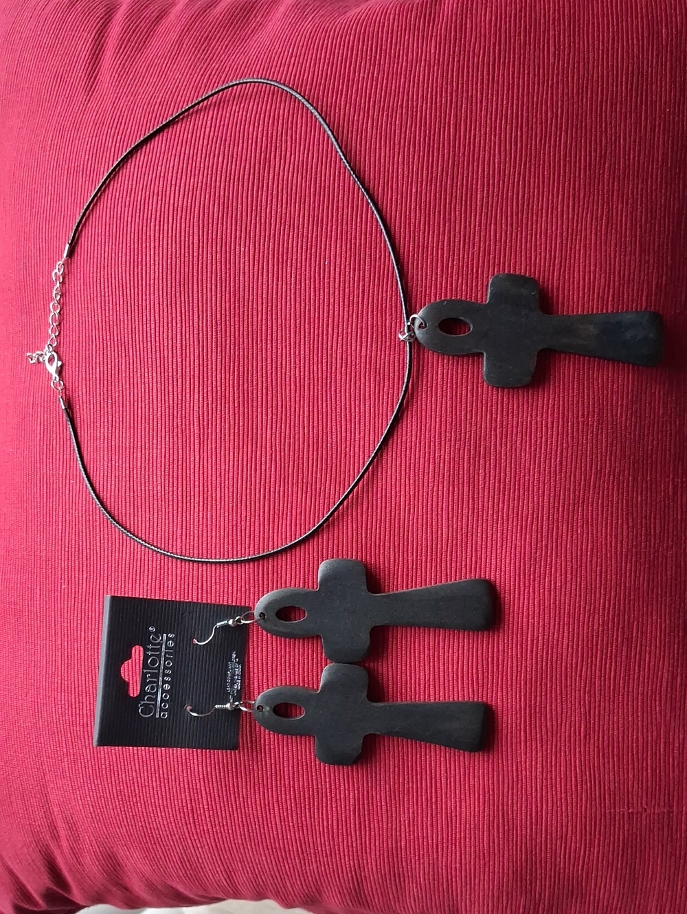 Black Ankh Necklace and Earrings Set